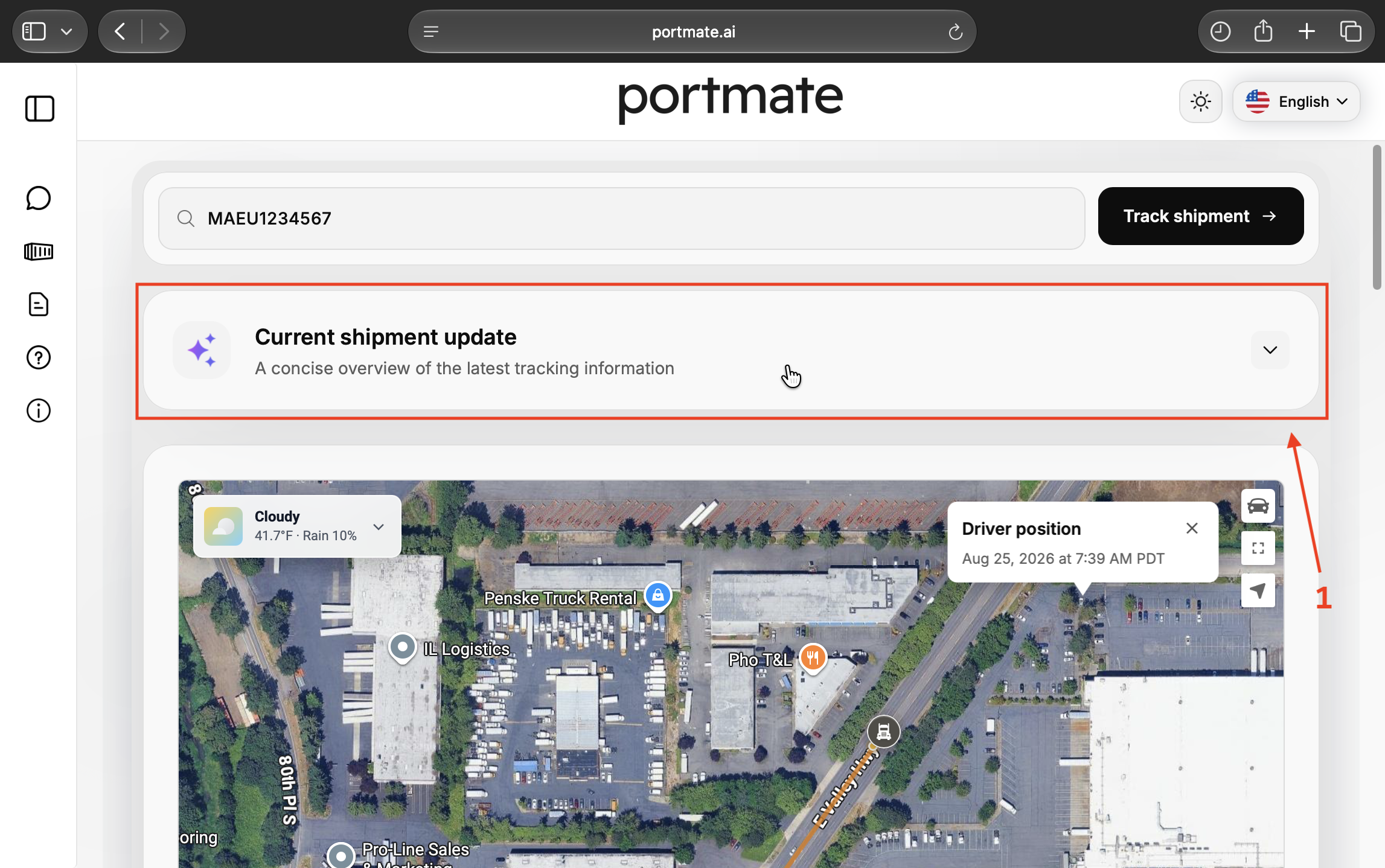 Locate the collapsed Current shipment update panel above the tracking map