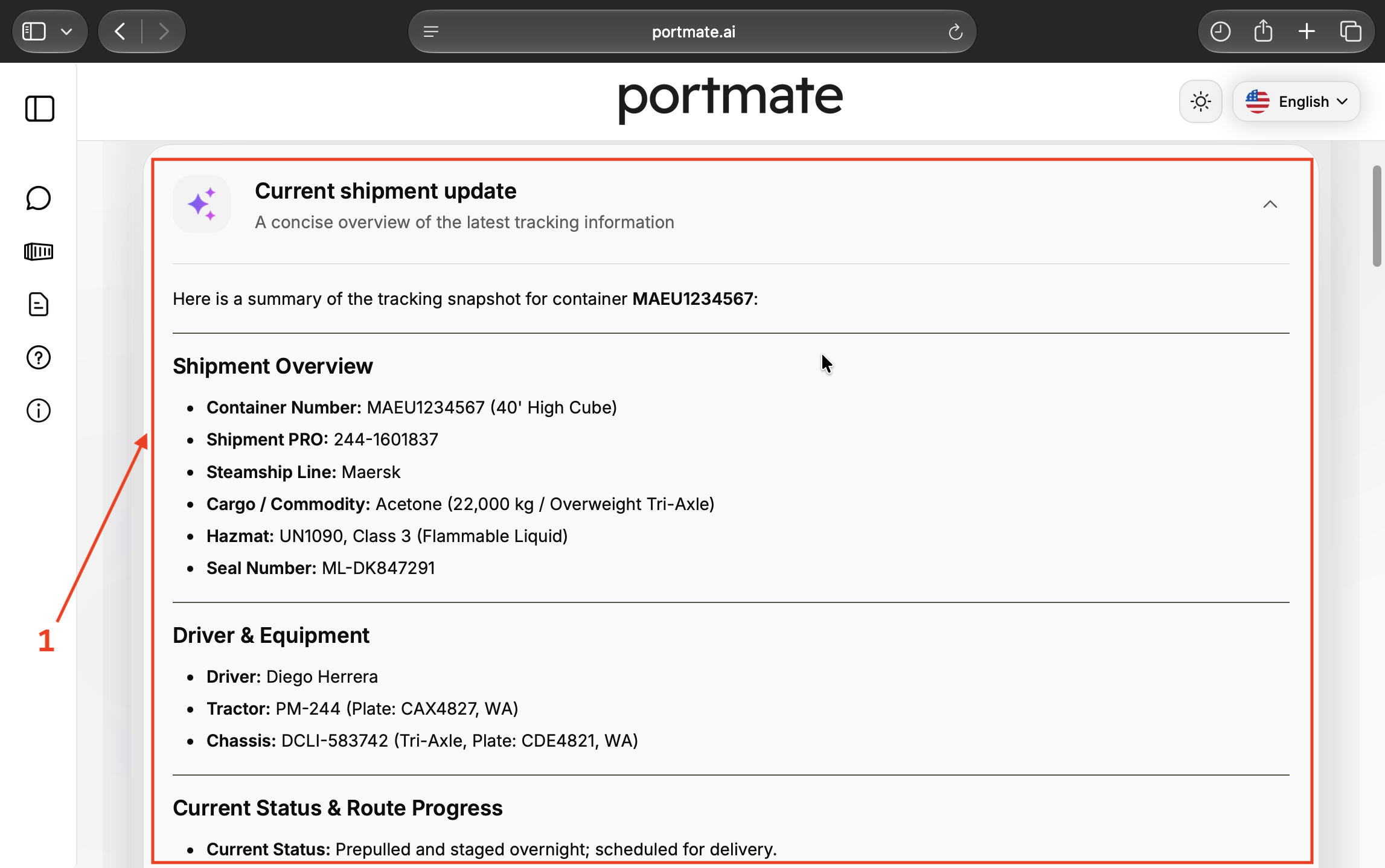 Read the expanded Current shipment update with shipment overview, driver and equipment, and current status sections