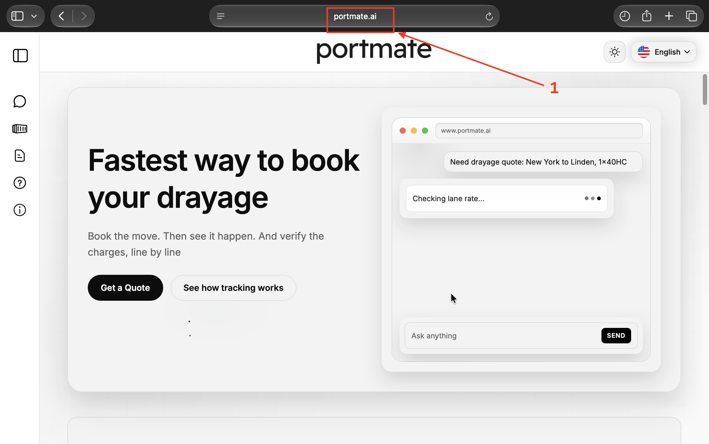 Website do Portmate aberto no navegador com portmate.ai em destaque na barra de endereços