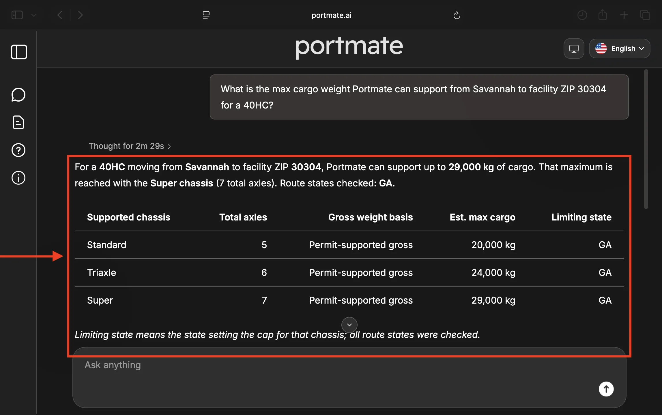 Review the maximum supported cargo weight result