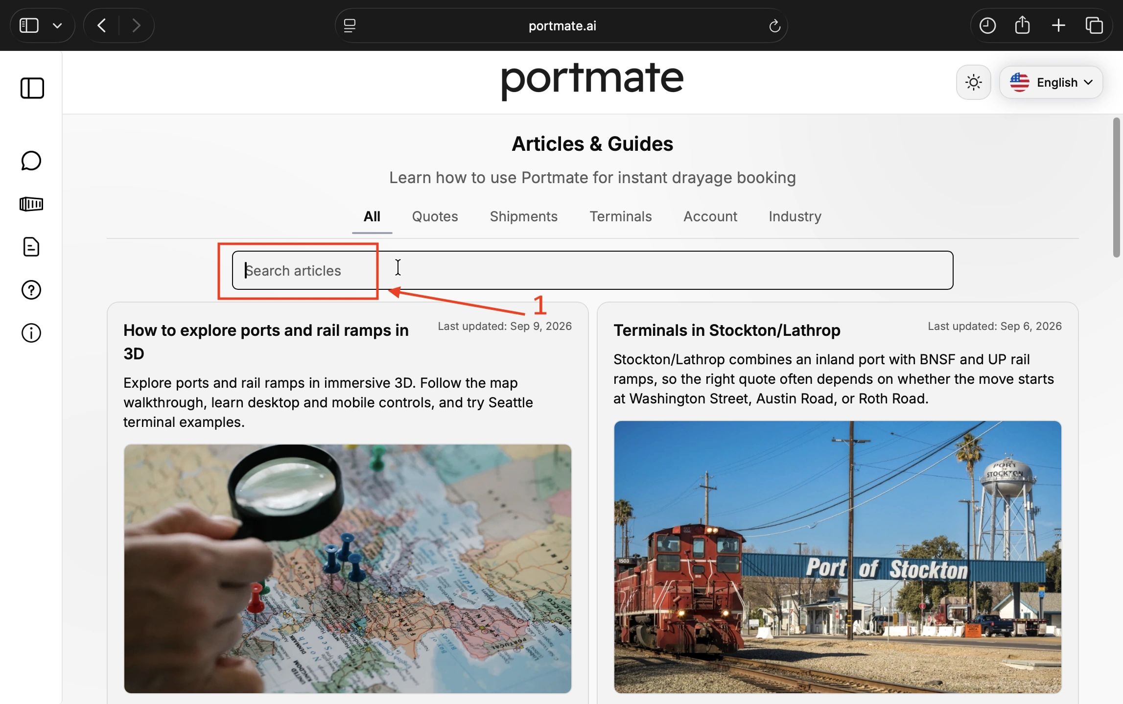 Localize o campo Search articles na página Articles and Guides