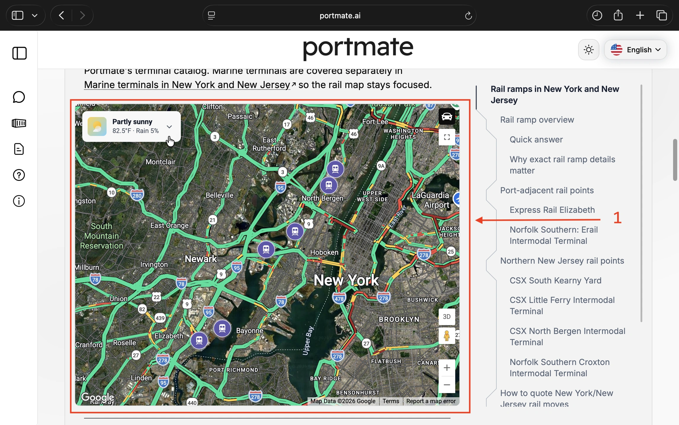 Localize o widget de clima recolhido no canto superior esquerdo do mapa de pátios ferroviários de New York e New Jersey