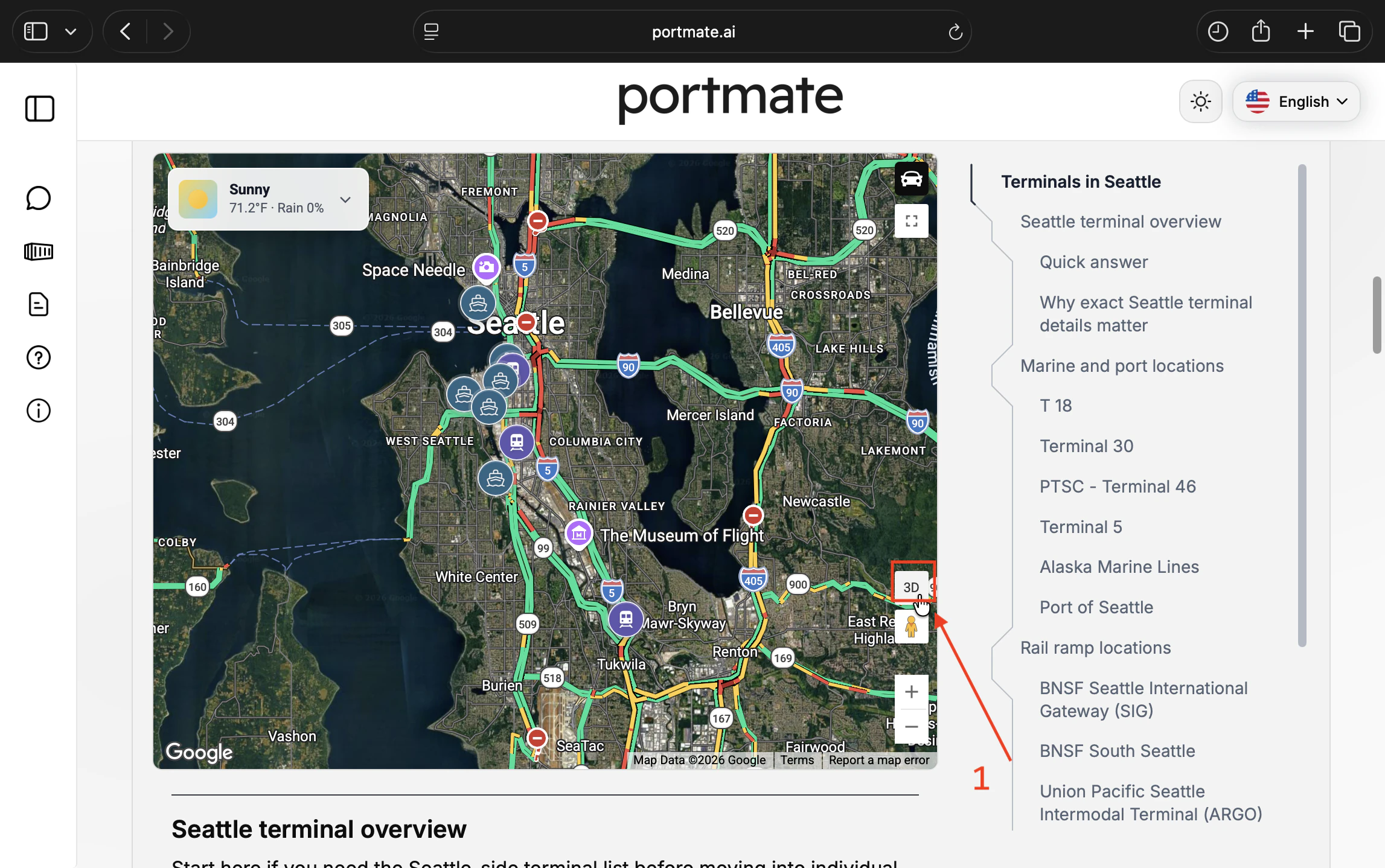 Select the 3D button on the right side of the Seattle terminal map