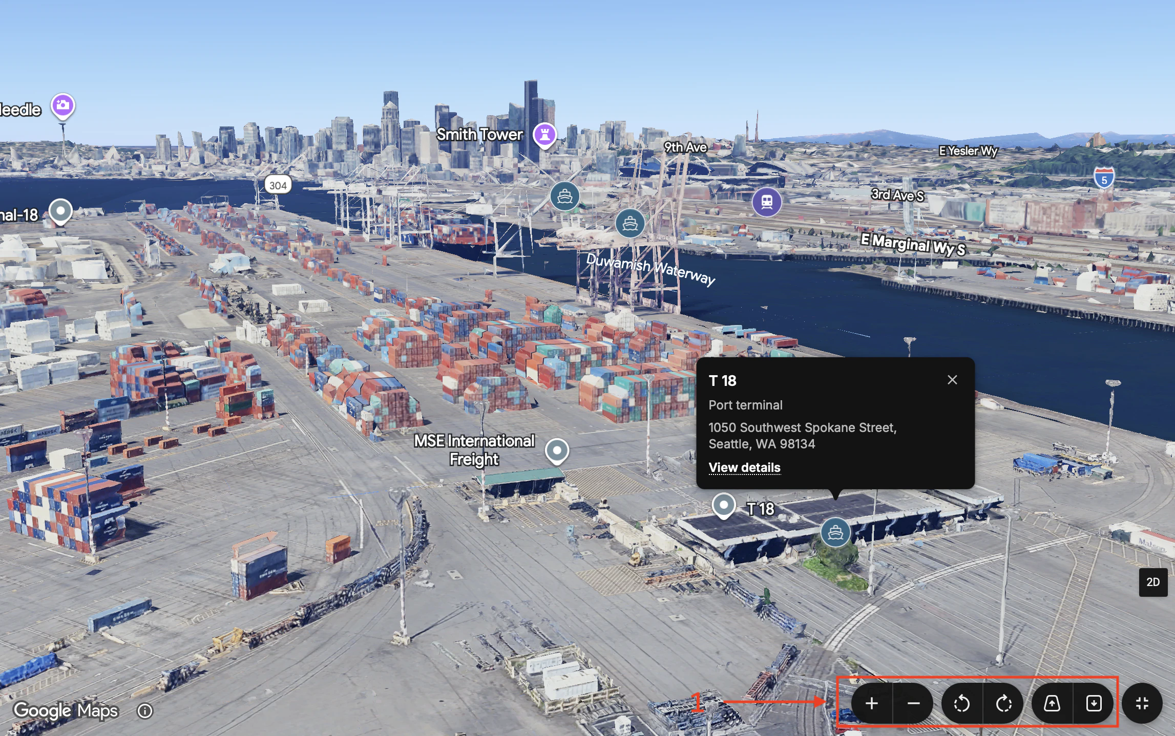 Explore Seattle Terminal 18 in fullscreen 3D with its information card and map controls visible