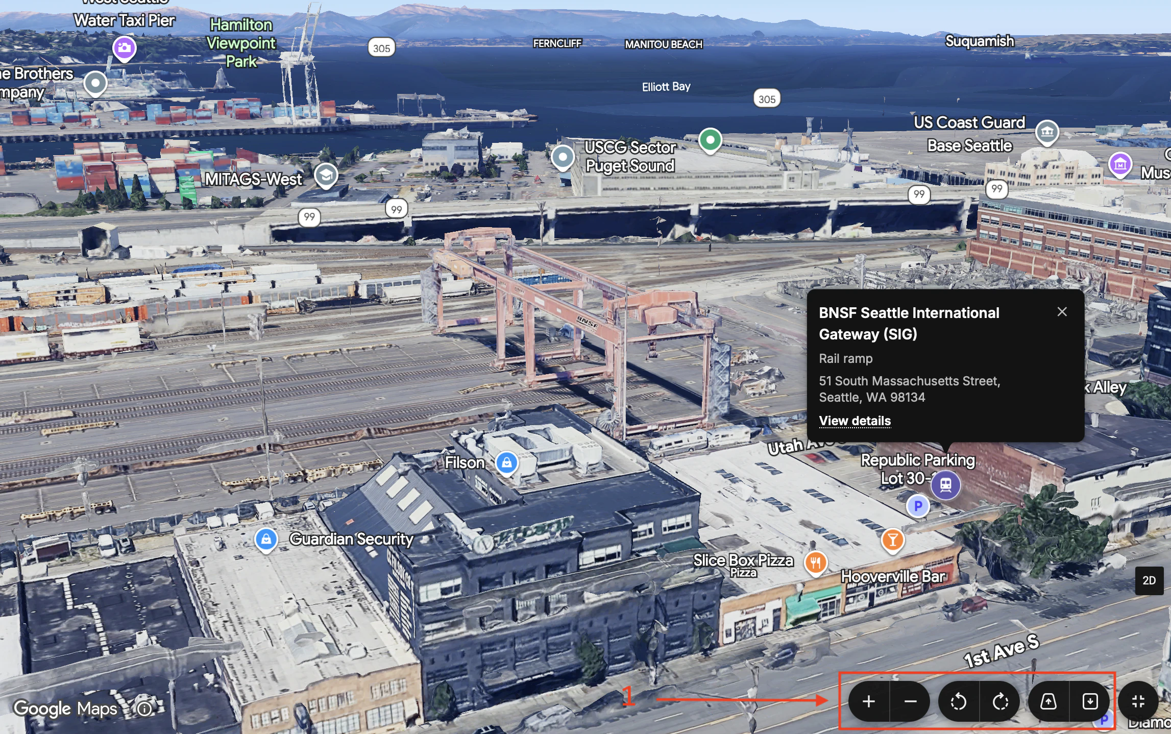 Explore BNSF Seattle International Gateway rail ramp in 3D with its information card and navigation controls