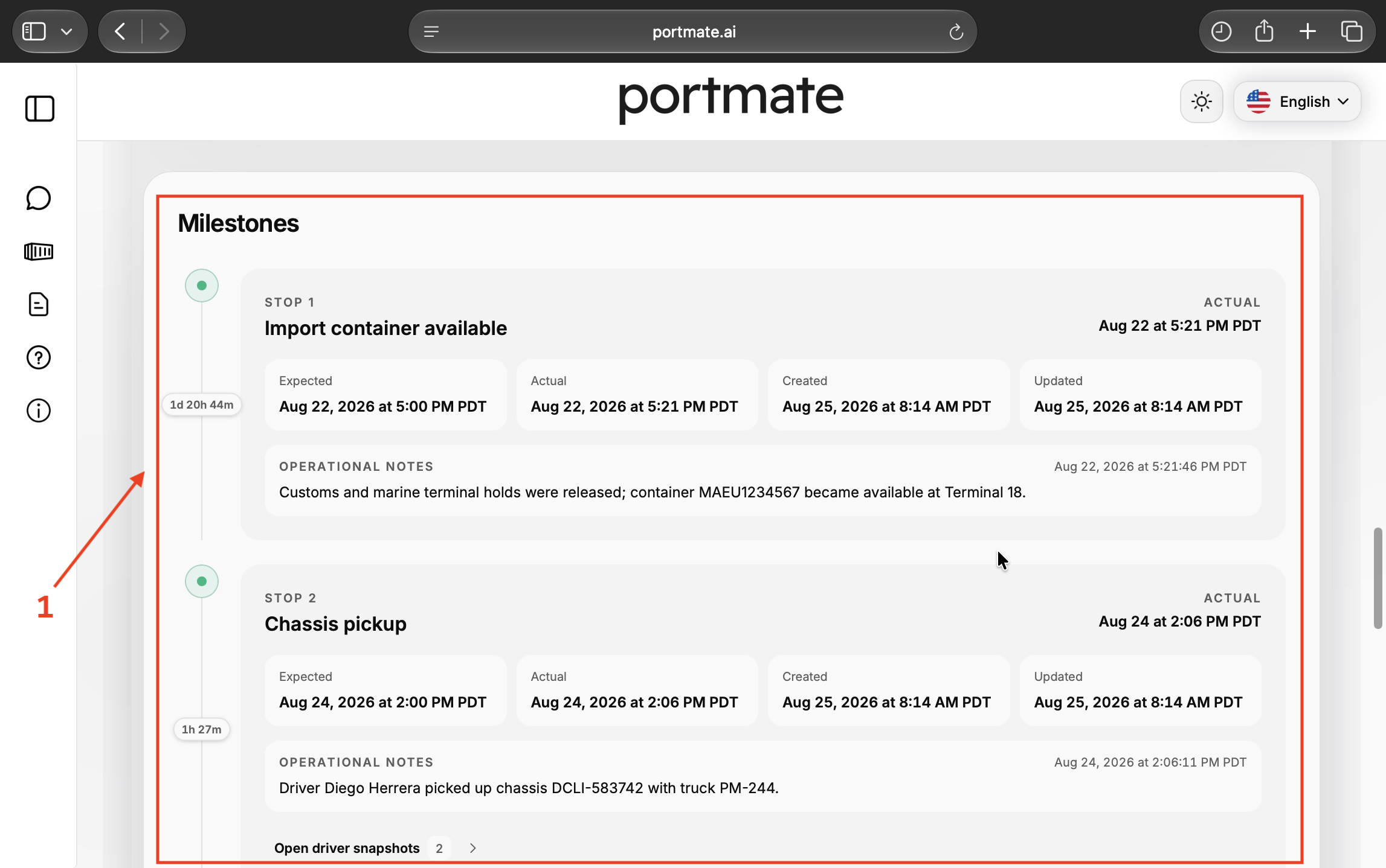 Locate the Milestones timeline with Import container available and Chassis pickup cards