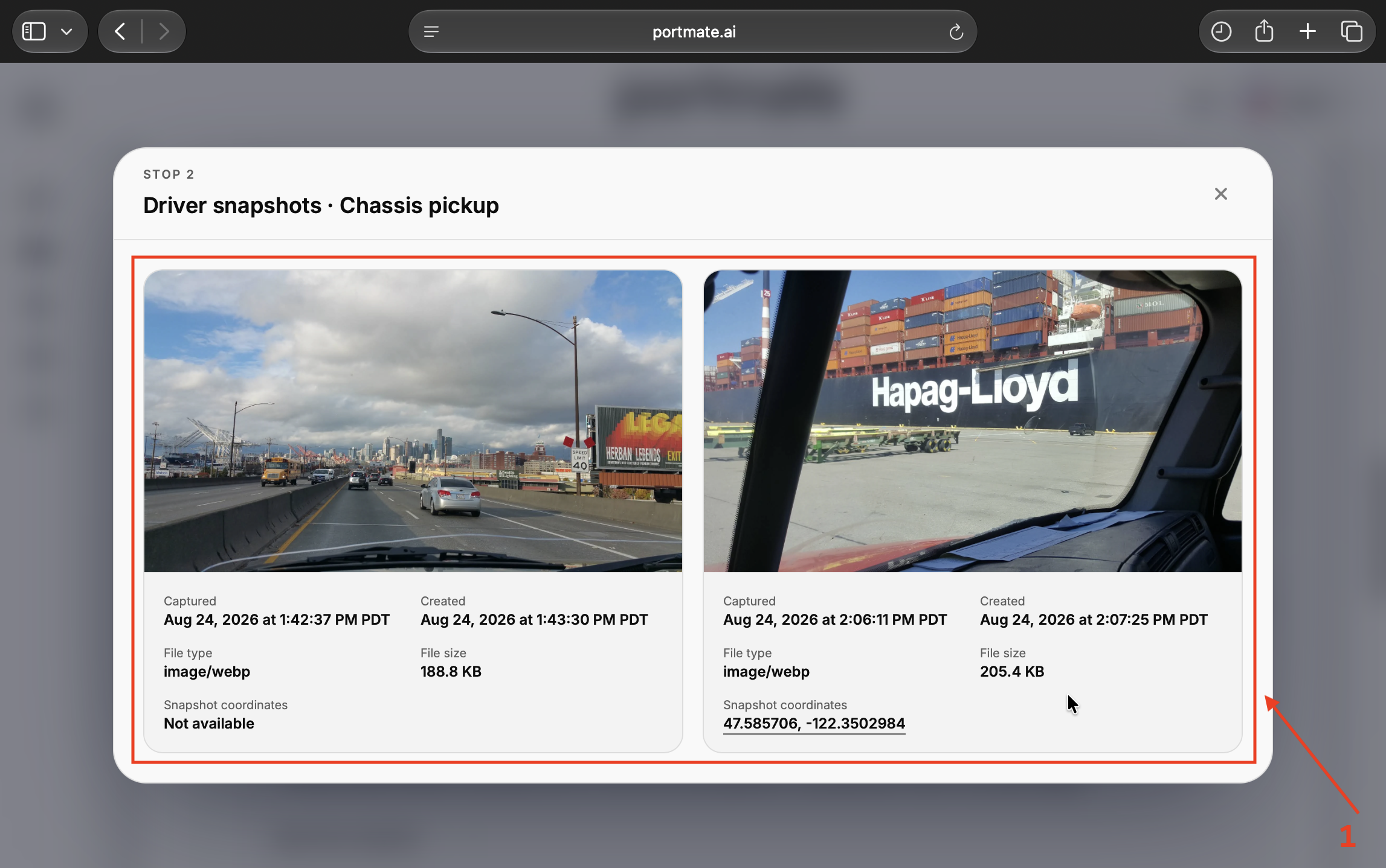 Review two Chassis pickup snapshots with Captured and Created times, file details, and available location coordinates