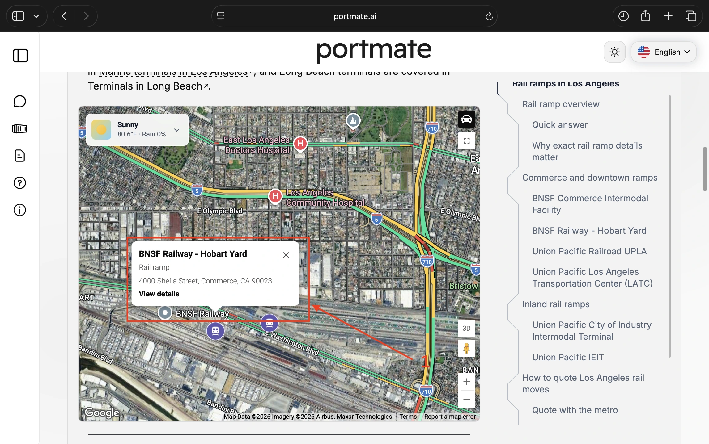 BNSF Railway - Hobart Yard popup on the Los Angeles rail-ramp map, with traffic colors on I-5, I-710, and East Washington Boulevard