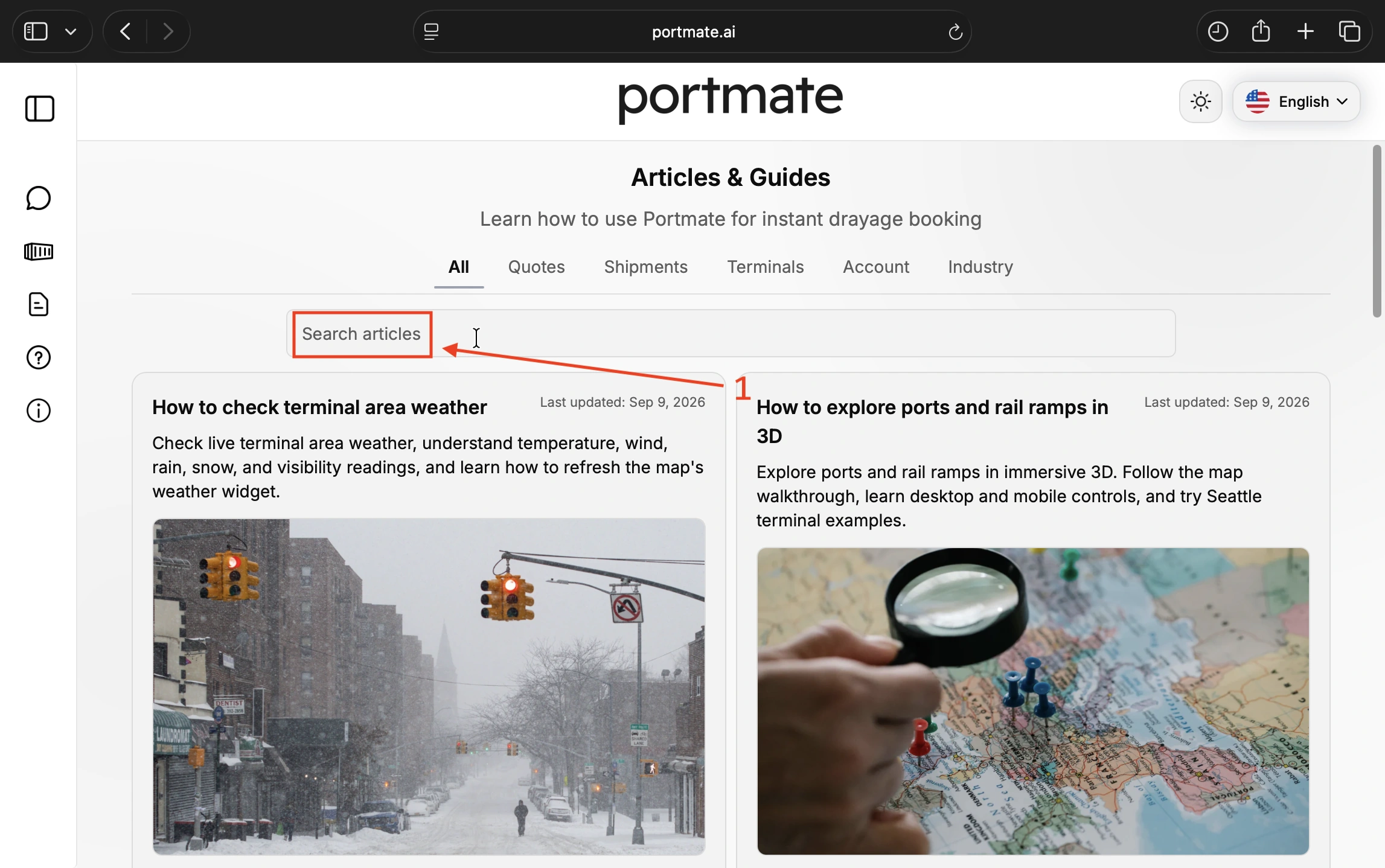 Locate the Search articles field on the Articles and Guides page