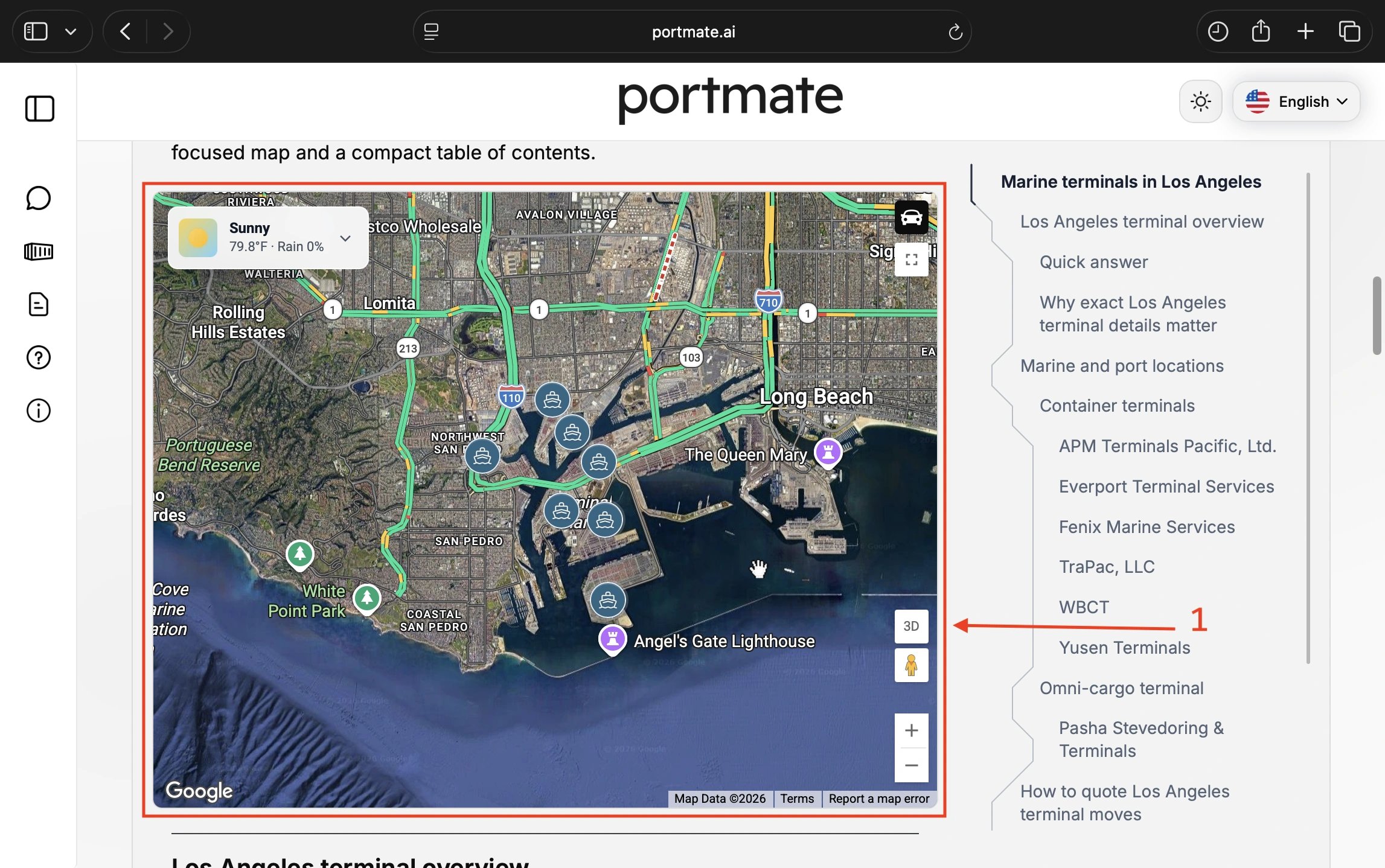 Find the Los Angeles terminal map with port markers and colored traffic lines on surrounding roads