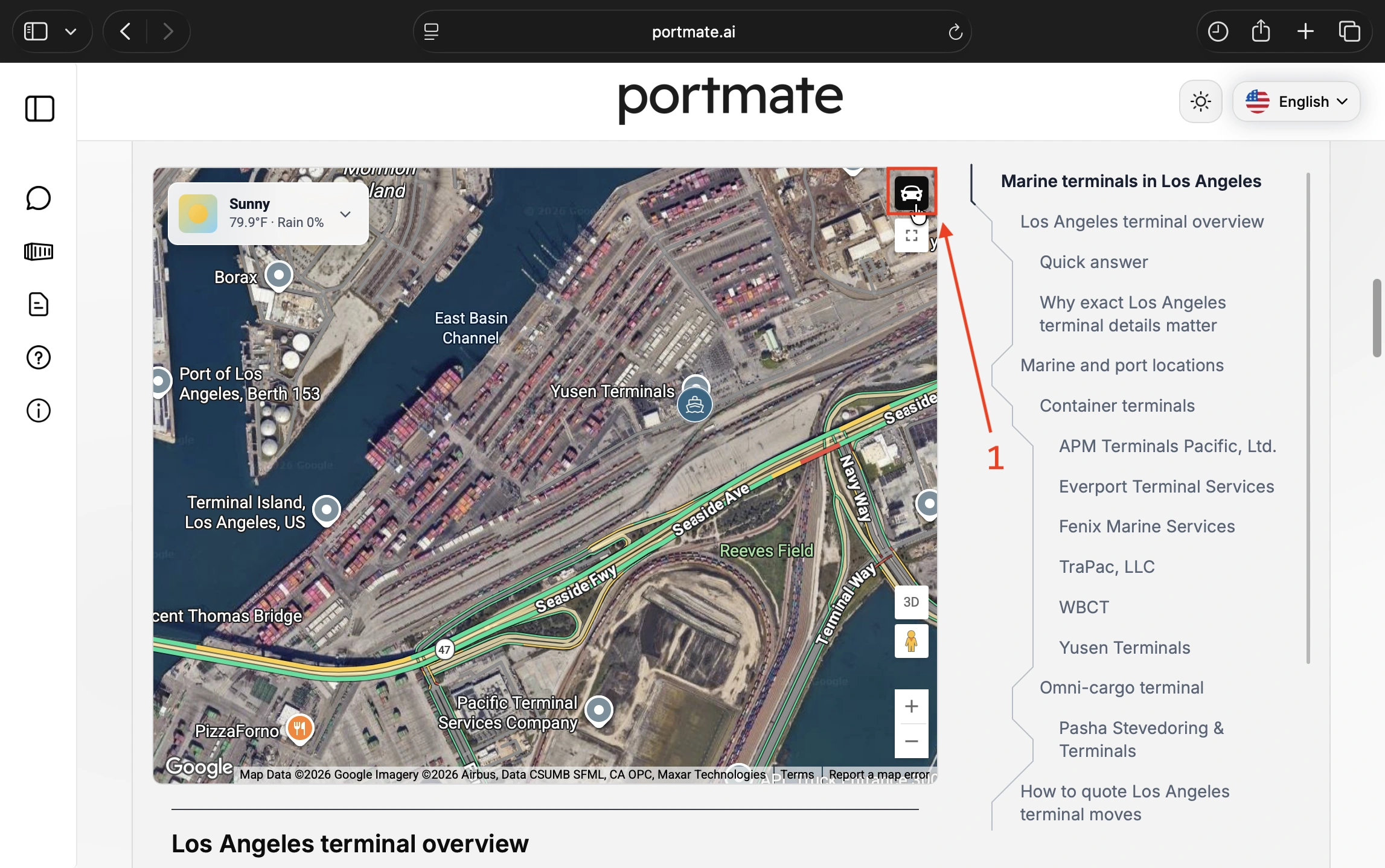 Locate the enabled car-shaped traffic toggle above the fullscreen control near Yusen Terminals