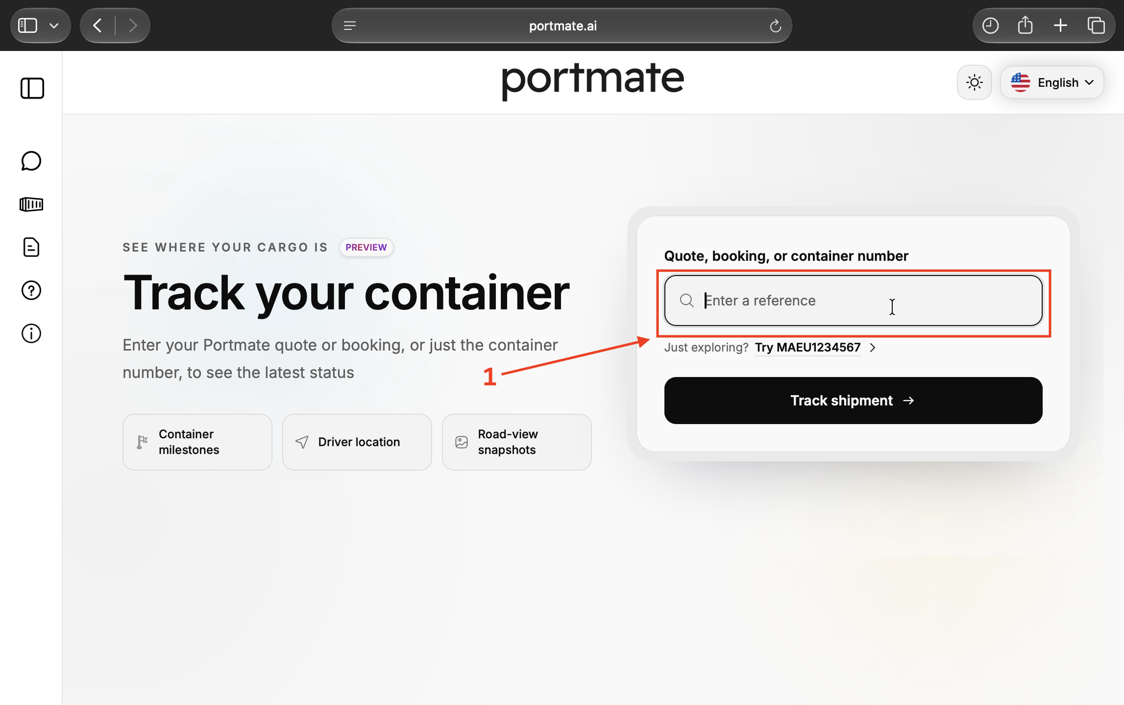 Find the Quote, booking, or container number field on the Track your container page