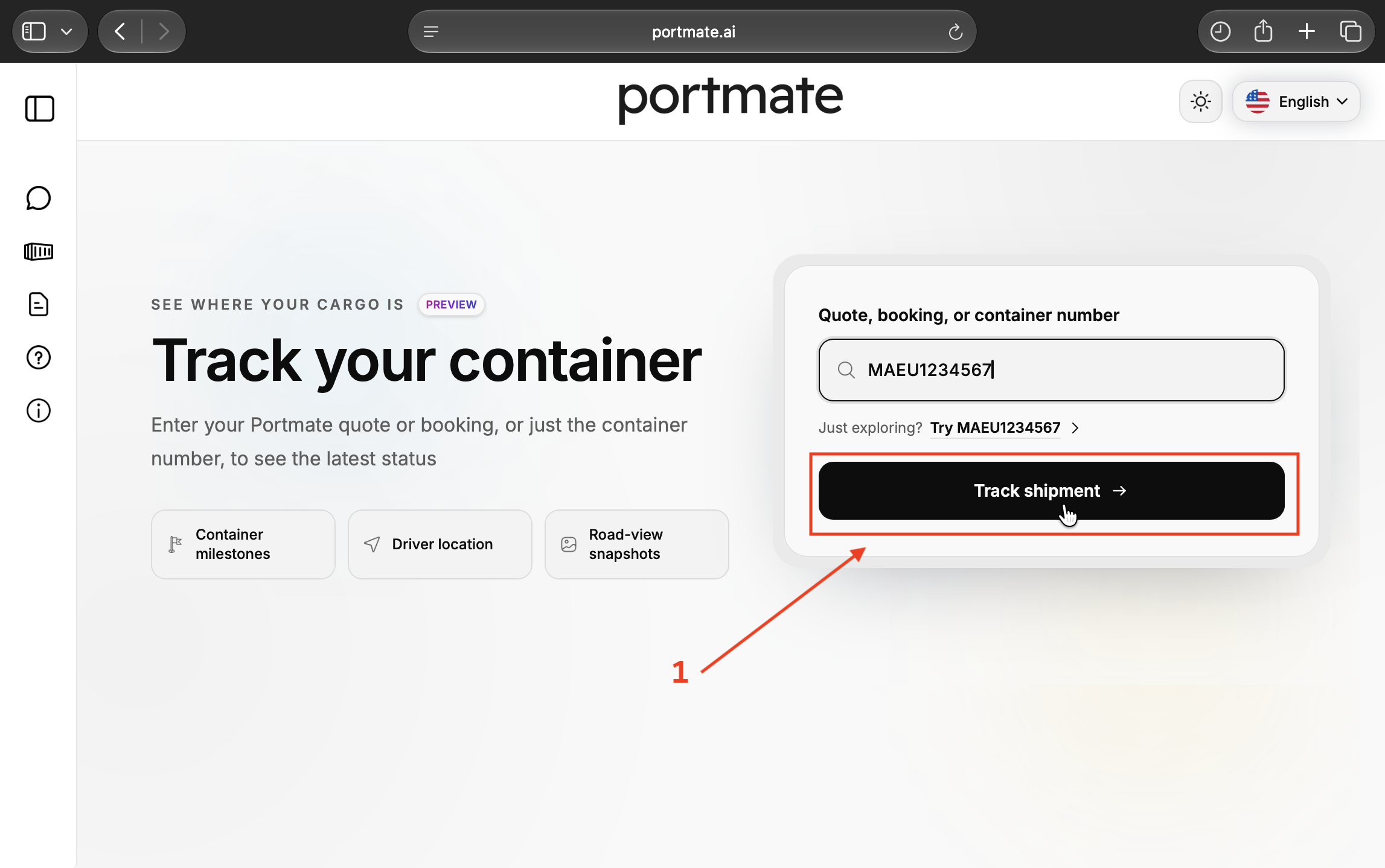 Select Track shipment after entering the example container number MAEU1234567