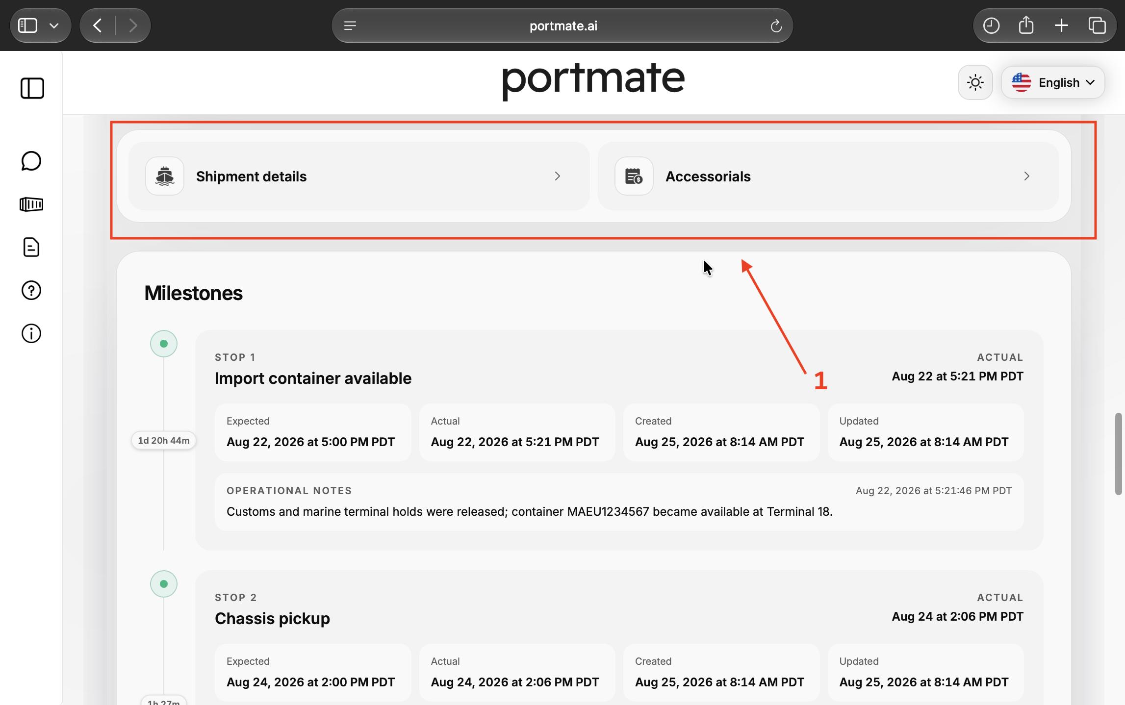 Locate the Shipment details and Accessorials panels above the shipment milestones