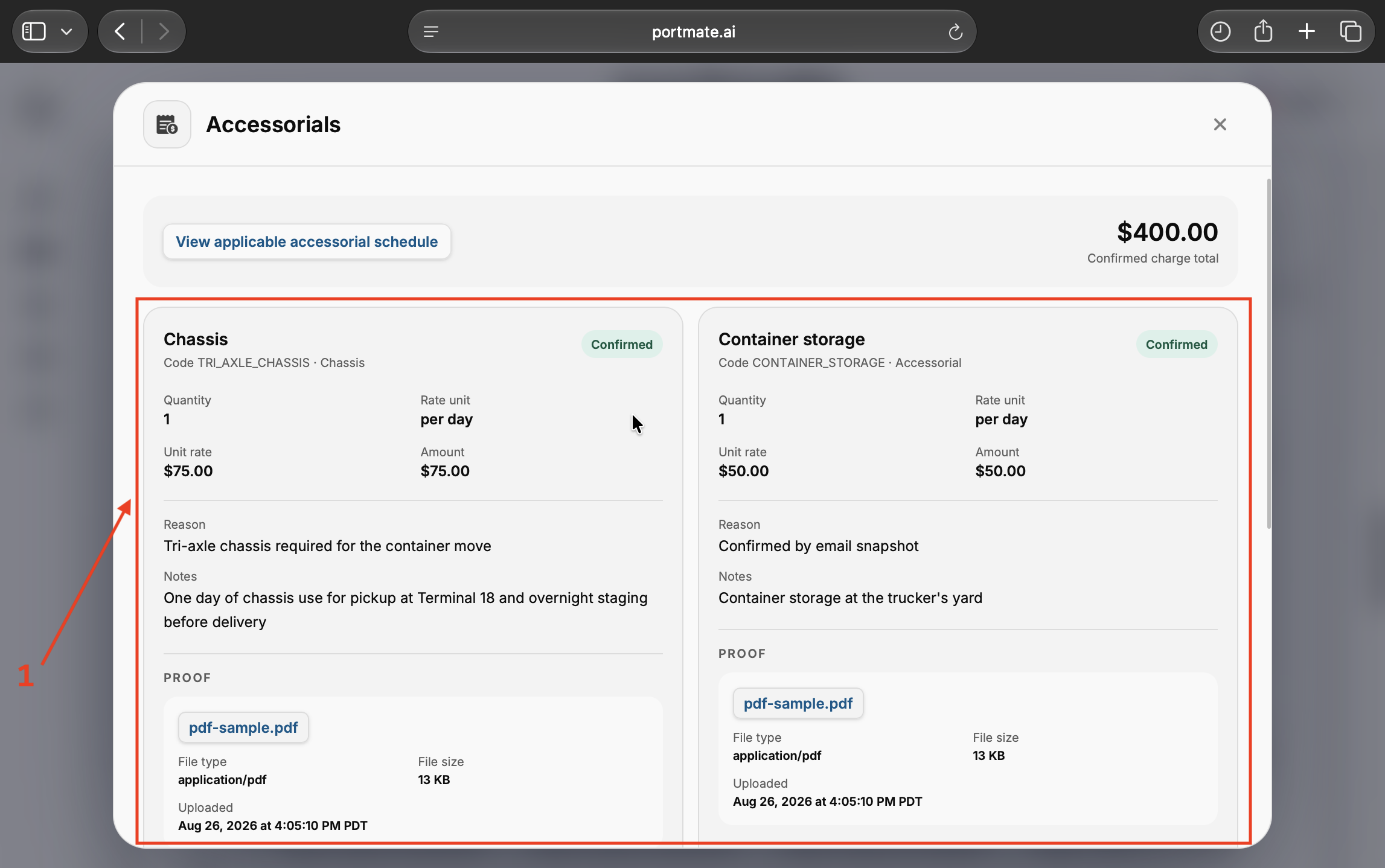 Review the accessorial schedule link, confirmed charge total, chassis and storage amounts, reasons, notes, and proof attachments