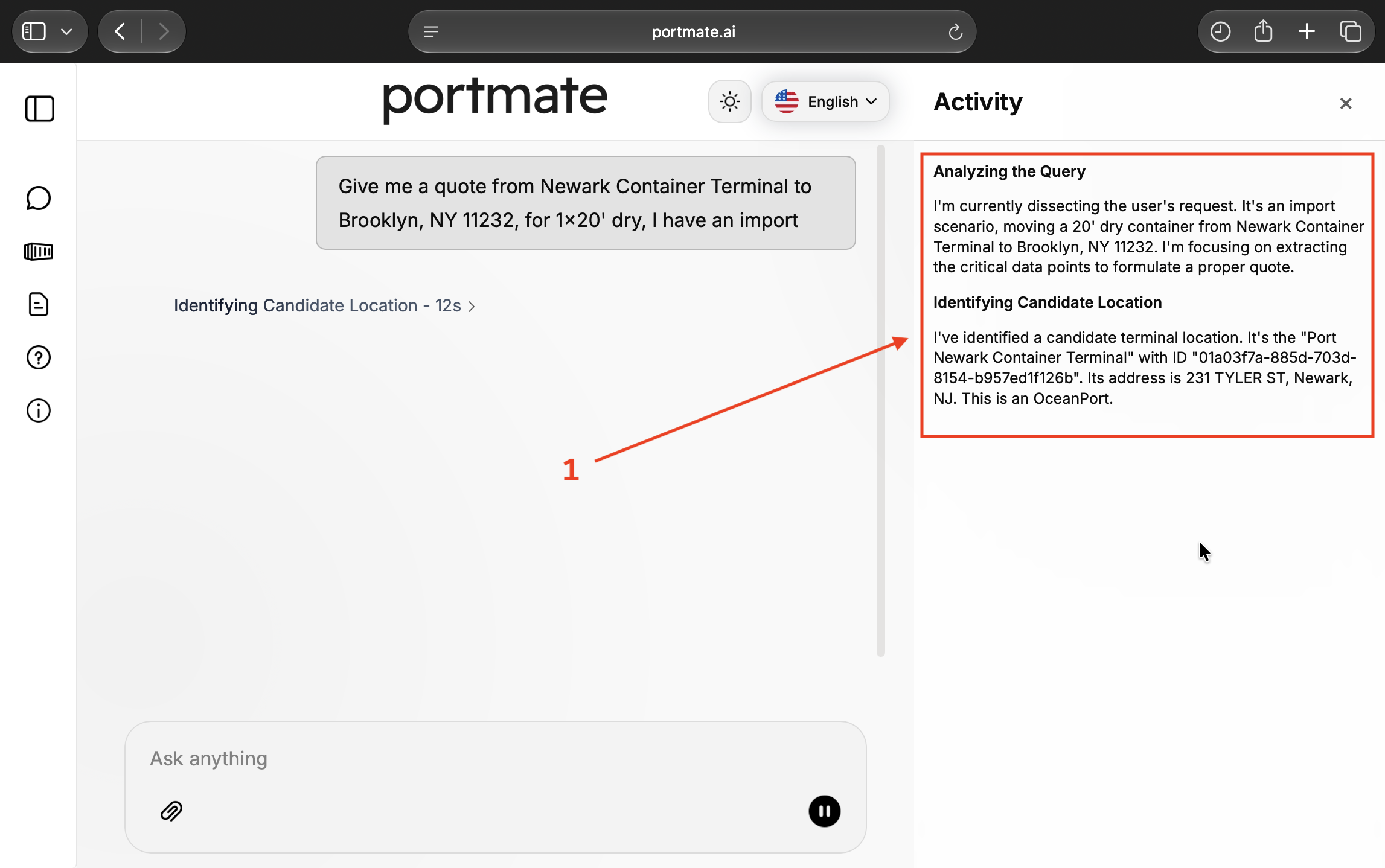 Activity panel identifying Port Newark Container Terminal for the Brooklyn quote request