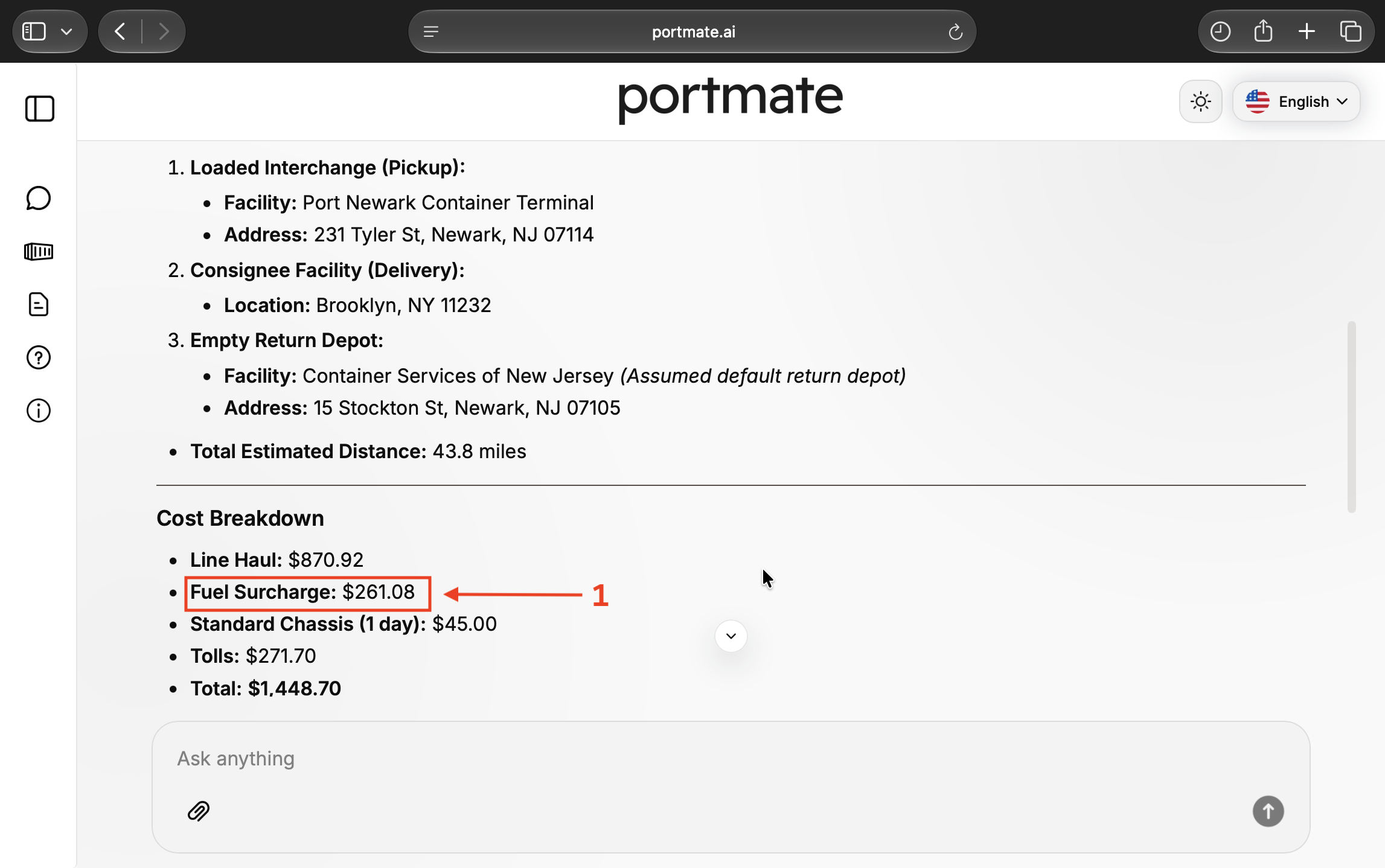 Example quote showing a $261.08 fuel surcharge and a $1,448.70 total alongside line haul, chassis, and tolls