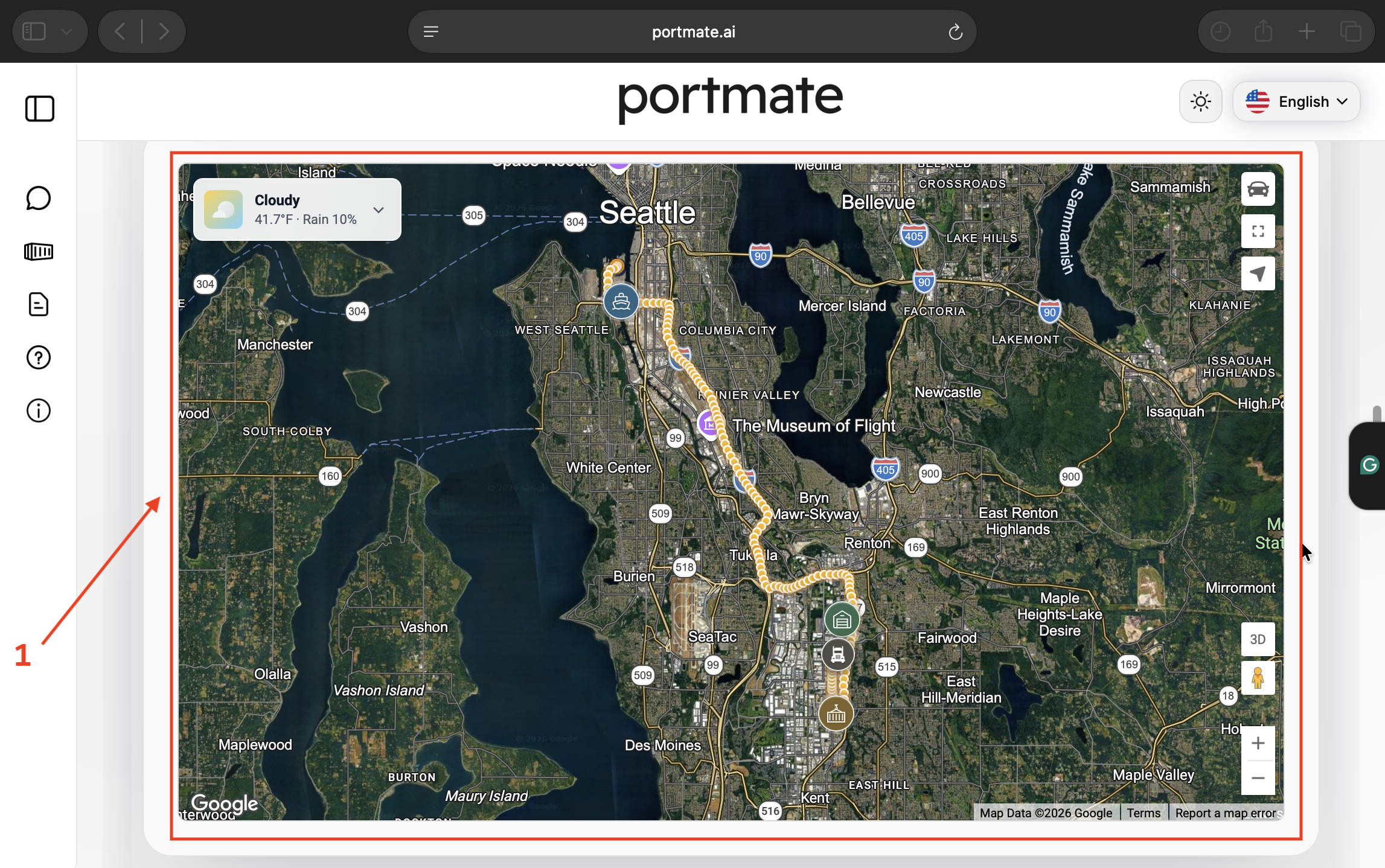 Review the Seattle-area shipment map with location markers, the truck, and recorded position points