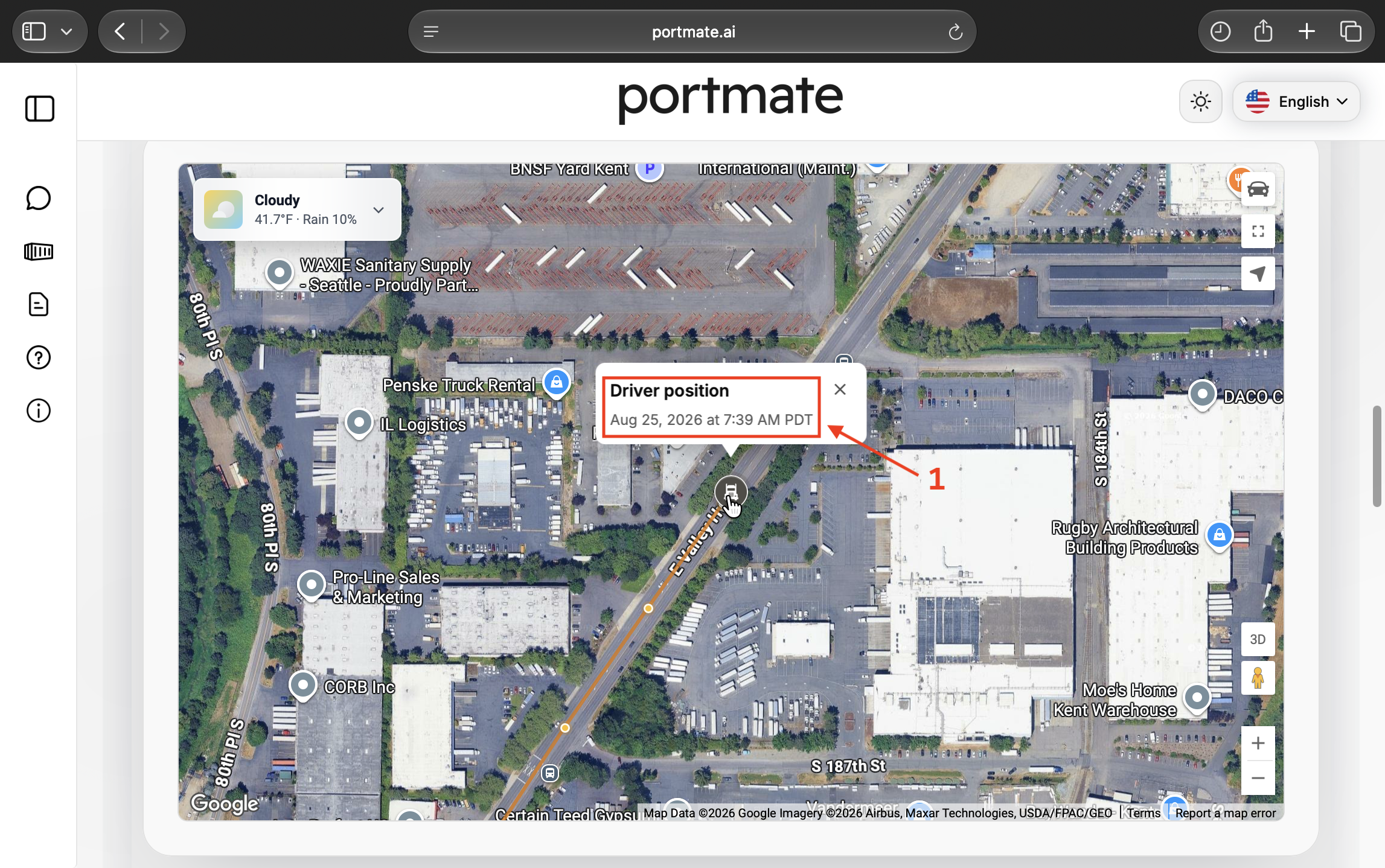 Select the truck marker to open the Driver position popup showing Aug 25, 2026 at 7:39 AM PDT