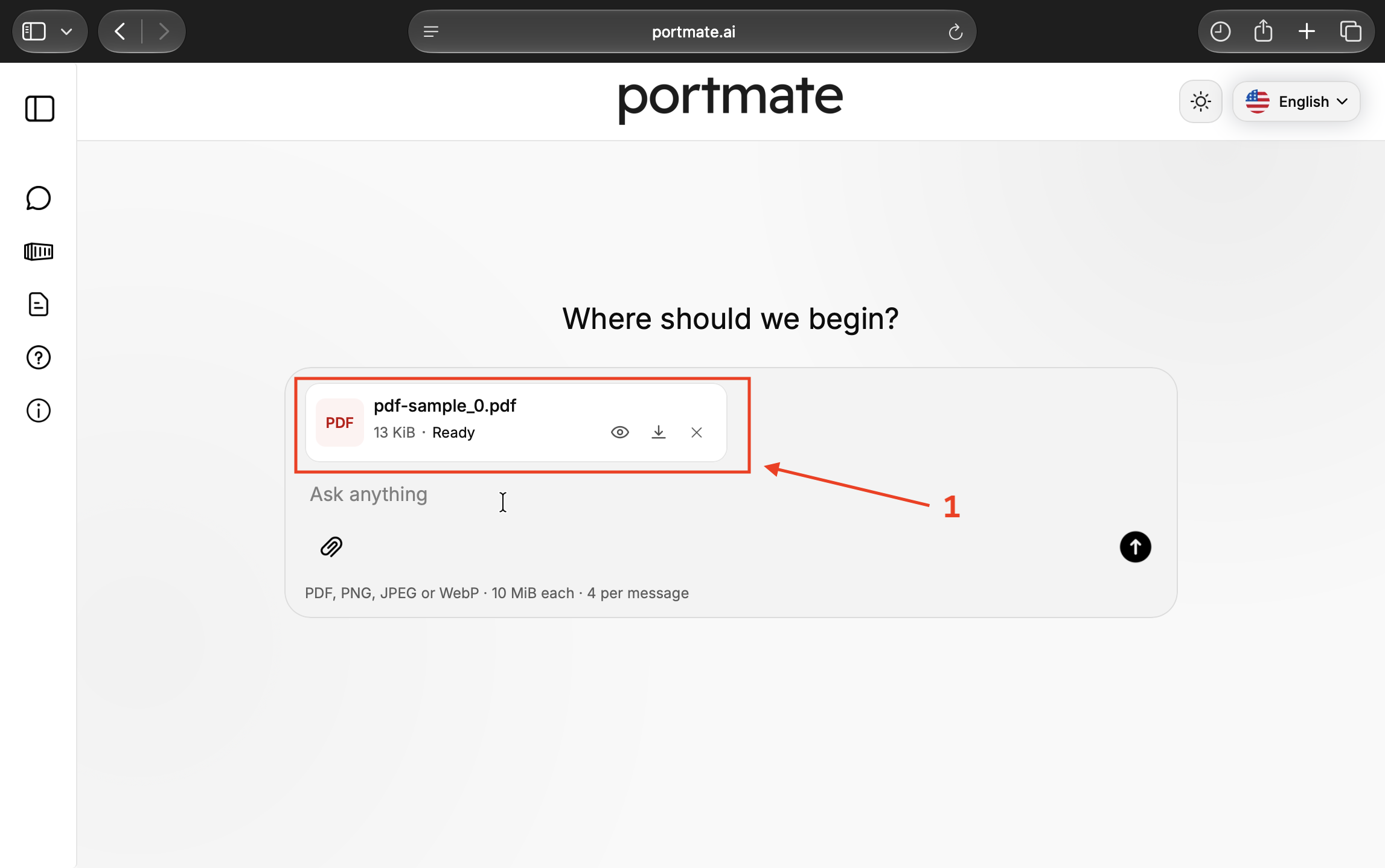 Check the sample PDF attachment card and its Ready upload status