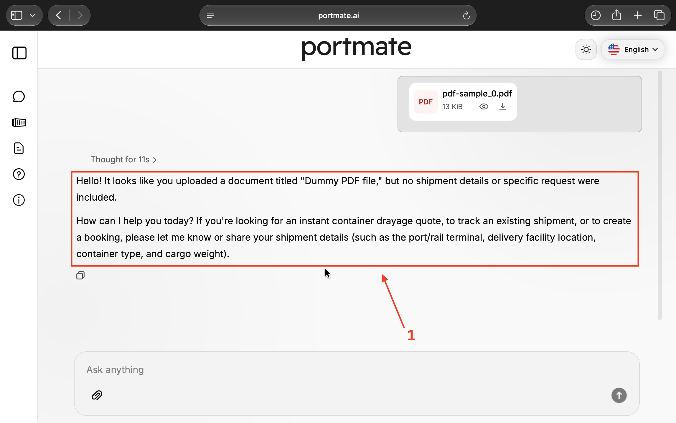 Read the response identifying the dummy PDF and requesting shipment details or a specific task
