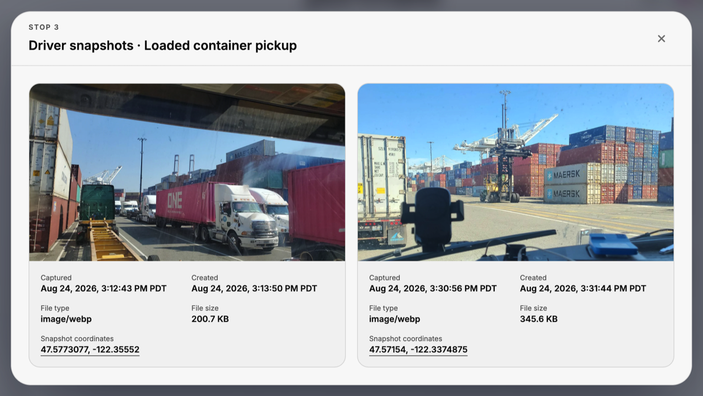 Timestamped Portmate driver snapshots with capture times and coordinates for a loaded container pickup