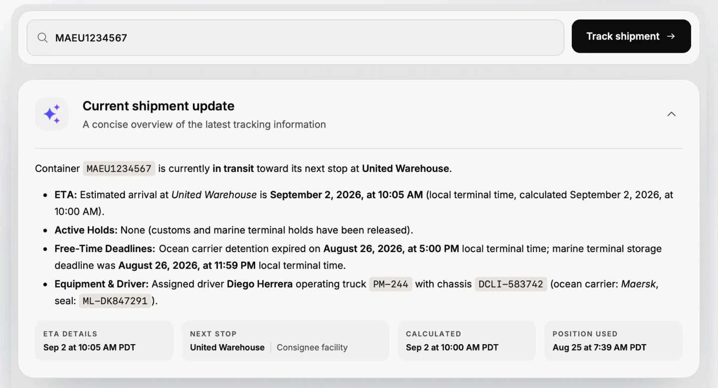 Portmate shipment update summarizing the next stop, ETA, holds, free-time deadlines, equipment, and position used