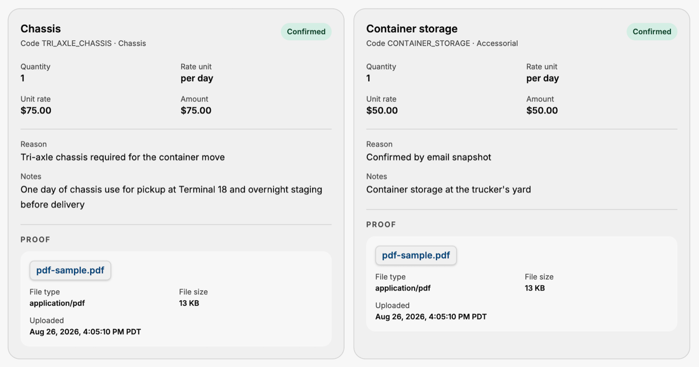 Portmate accessorial details showing confirmed charges, rates, reasons, notes, and proof files