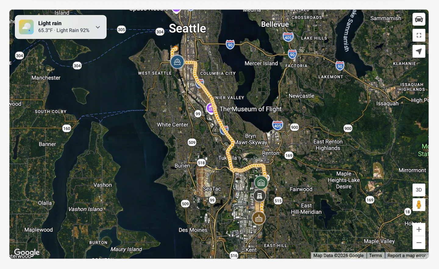 Portmate map showing the truck's verified location history between the terminal, yard, and delivery facility